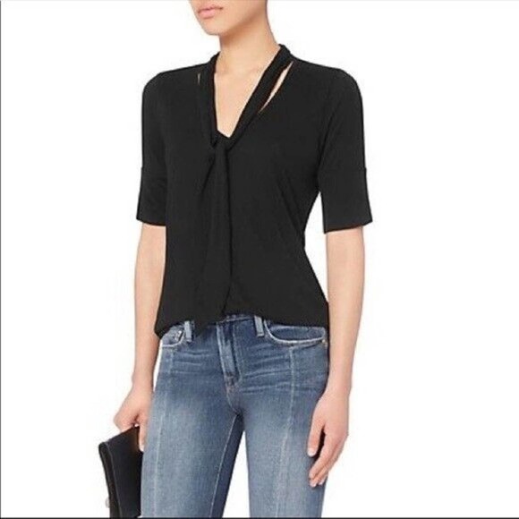 FRAME Tie Neck Top Black Half Sleeve Knit Blouse Round Neck Jersey Stret… - Picture 1 of 6